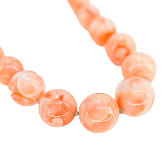 Salmon Pink Peach Momo Coral Necklace - New Strung w NOS Beads - 40g 18” - Picture 8 of 11